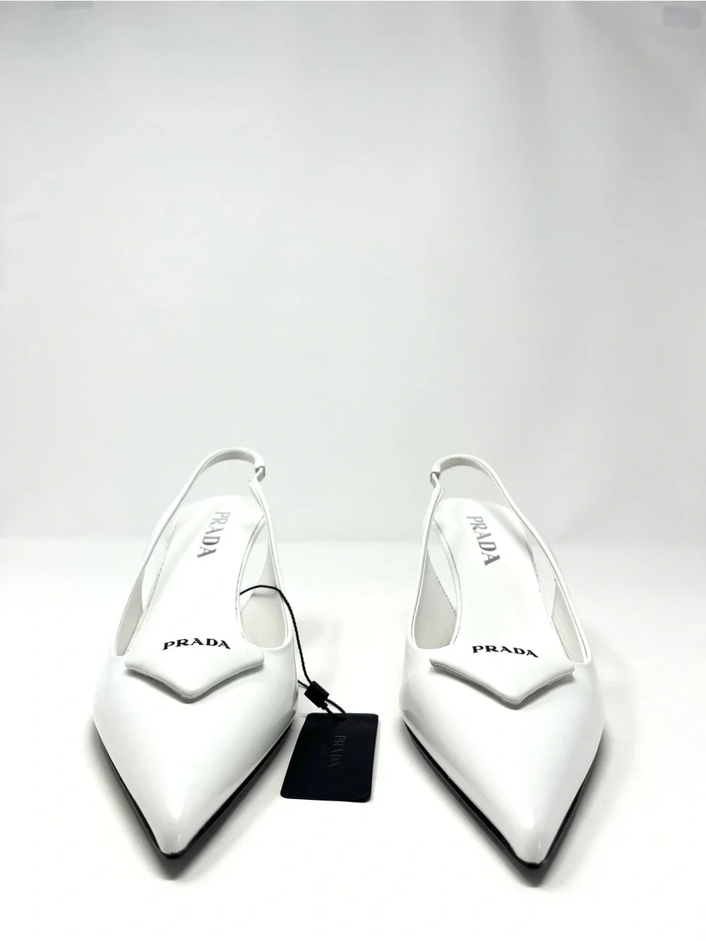 NEW Prada Triangle Logo White Brushed Leather Slingback High Heels Pumps 37 7